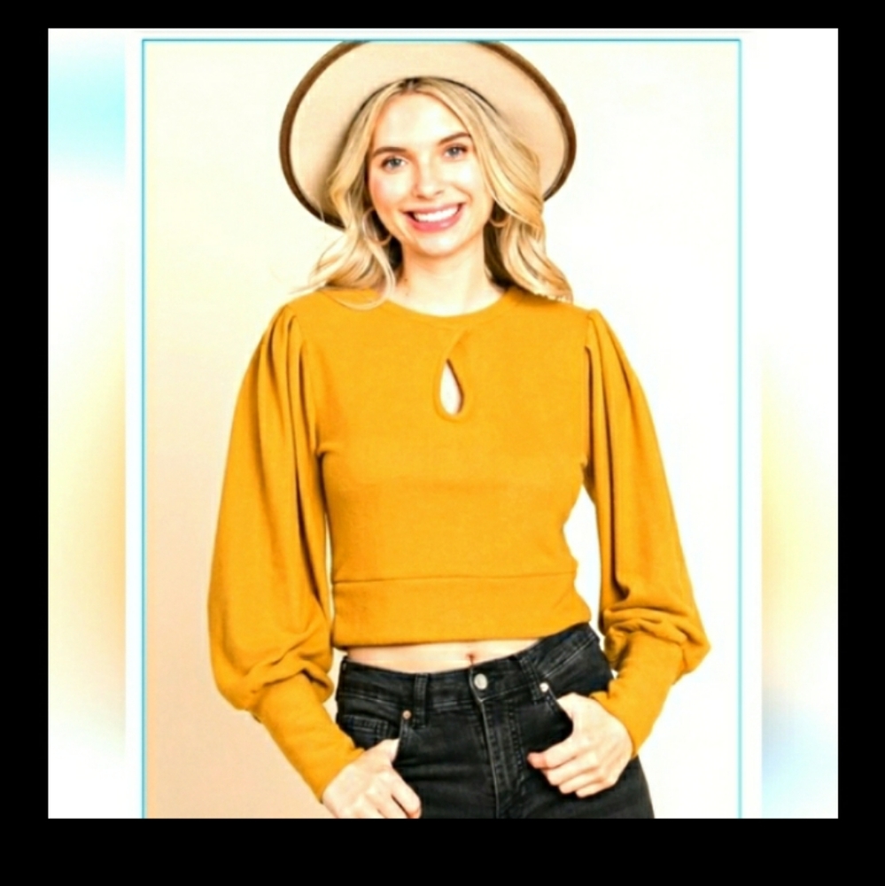 MUSTARD BUBBLE LONG SLEEVE CROP TOP  - Picture 3 of 4